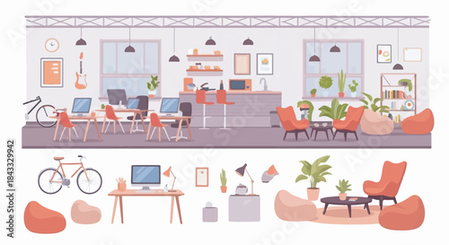 Modern Open Plan Office Interior Flat Vector Illustration with Coworking Desks and Isolated Elements