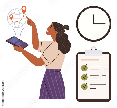 Woman holding tablet, pointing at global map with location icons, ticking off tasks on checklist next to wall clock. Ideal for time management, planning, organization, productivity, goal setting