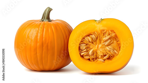 A whole fresh orange pumpkin and a bright cut slice revealing its seeds are perfectly isolated