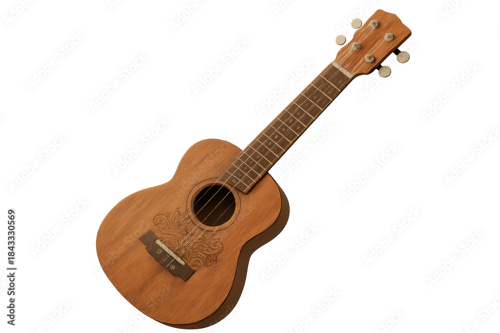 Fototapeta premium Ukulele with decorative rosette design providing acoustic music and sound, isolated on transparent background