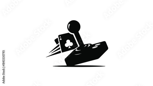 Classic arcade joystick with a playing card, symbolizing gaming and chance.
