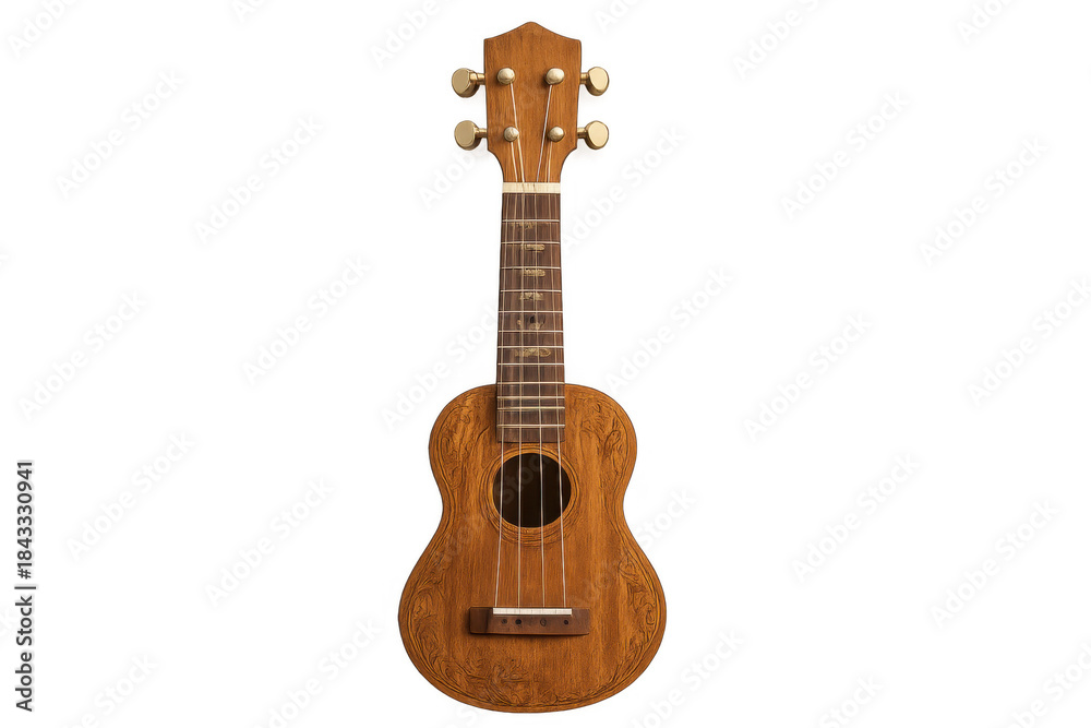 Fototapeta premium Ukulele musical instrument with wooden body and strings, standing vertically on a transparent background