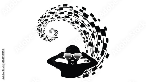 Person wearing glasses, with a swirling abstract pattern emerging from their head, symbolizing imagination or ideas.