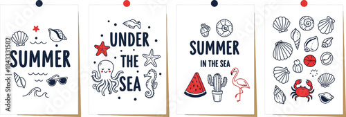 Hand-drawn summer posters, Sea life illustrations, Ocean shell clipart, Cartoon beach graphics, Minimalist summer vector set with marine animals and text, Black and red outlined sea icons for summer