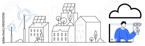 Sustainable city featuring solar panels, wind turbines, eco-friendly buildings and cloud connectivity. Ideal for renewable energy, smart cities, eco-tech, green living, environmental policies