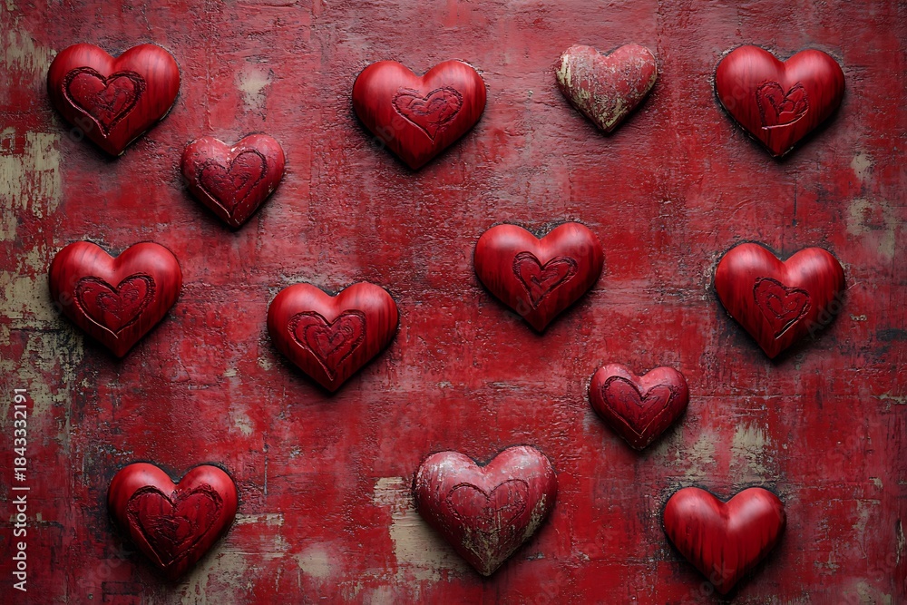 Obraz premium A backdrop of red hearts delicately patterned on a rich crimson surface, creating a romantic ambience perfect for any love-themed event or design project.