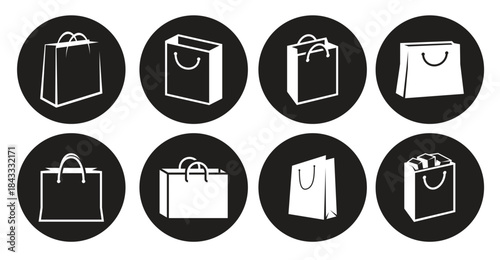 shopping bag icons set white on a black background
