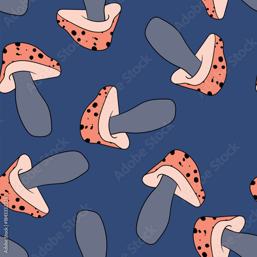 Seamless pattern with mushrooms. Hand drawn vector illustration. Vegan food menu. Poisonous and edible mushroom. Autumn mushroom picking, forest plant sketches.