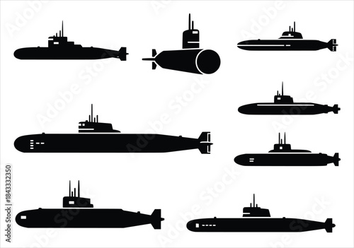  silhouette of a collection of black submarine silhouettes 
