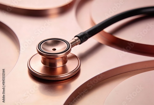 Close up of a stethoscope on a copper colored circular surface for healthcare use