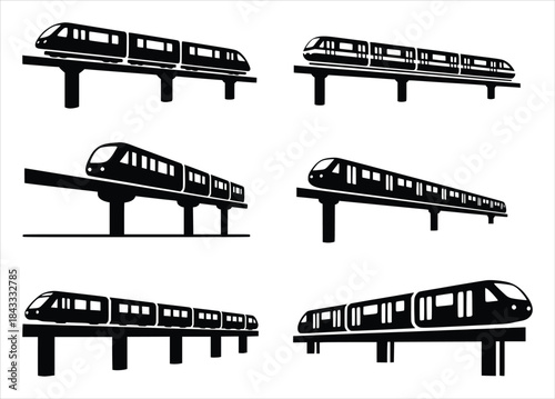 silhouette of collection of modern monorail train