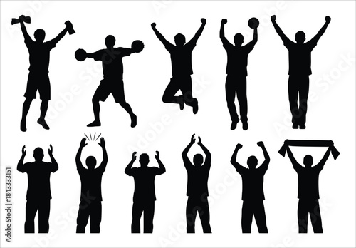 silhouettes of excited sports fans celebrating victory 