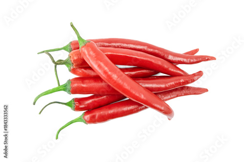 red hot chili peppers, Fresh red chili pepper (Capsicum frutescens L.) fruits with green stem isolated on white background top view flat lay stack