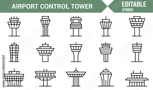 Modern airport control tower symbols editable vector icon set