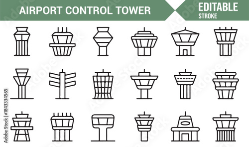 Aviation control tower buildings linear icon collection