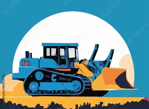 blue vector bulldozer iIllustrator Artwork right face direction with half full white moon and blue sky like midnight