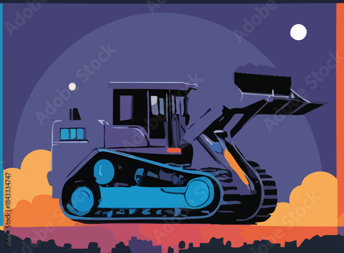 violet vector bulldozer iIllustrator Artwork right face direction with half full violet moon sky like midnight