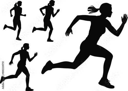 Dynamic vector silhouettes of female runners, featuring women sprinting, jogging, and running in multiple energetic poses, ideal for fitness, sports, exercise, and active lifestyle graphics.