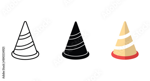 Three traffic cones in different colors and designs