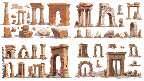 Collection of illustrated ancient stone ruins, arches, and broken pillars inspired by historical architecture, ideal for archaeology, history, and travel concepts.