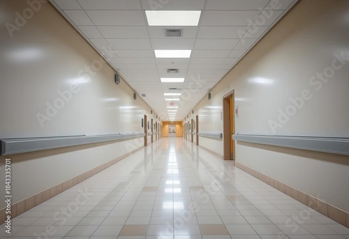 Wallpaper Mural Long, sterile hospital corridor with muted lighting, tiled floor extending into the distance,  perspective,  long Torontodigital.ca