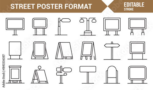 Street display boards and promotional poster outline icons