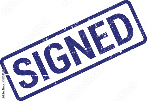 Blue rectangular grunge stamp displaying the word signed officially