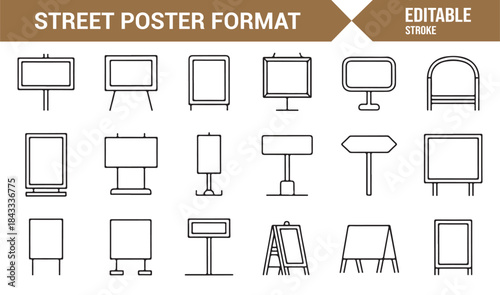 Street poster and outdoor advertising outline icons editable vector set