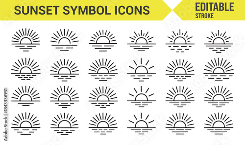 Sunset scenery and evening sky outline icons set