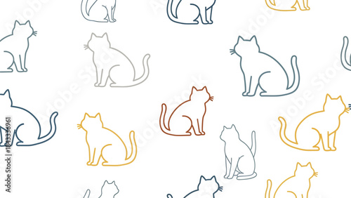 Seamless decorative pattern featuring stylized outline cat illustrations in a variety of soft pastel colors on a clean white background, perfect for textiles or digital design projects