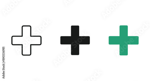 Three plus signs in different colors and styles