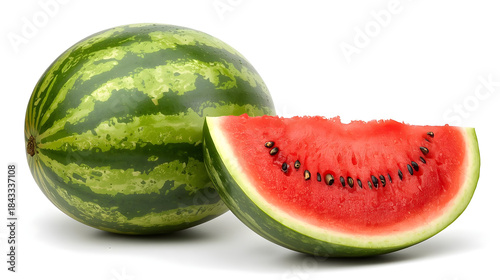 A large whole green striped watermelon is next to a vibrant juicy red cut slice with black seeds isolated
