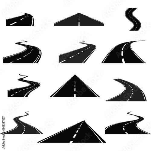 A collection of diverse road designs and highway paths illustrating various perspectives and curves