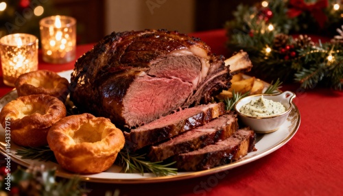 Festive roast dinner with Yorkshire puddings and greens