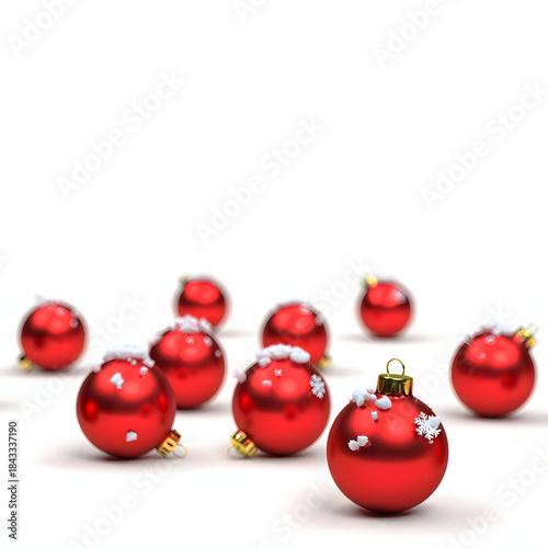 Festive red Christmas baubles with snowflakes copy space