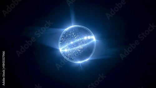 Glowing blue spherical energy object with bright horizontal light band on dark background