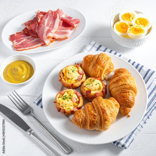 Breakfast platter with croissants, bacon, eggs, and savory tarts