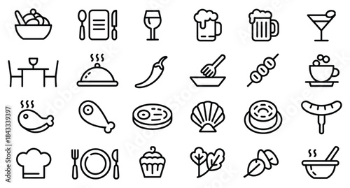 Icon set of various food and drink items
