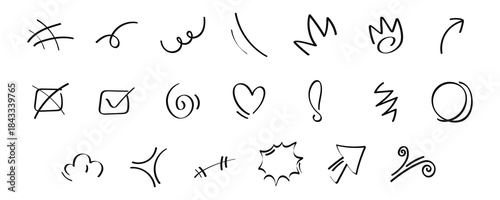 Set of Hand-drawn doodle elements including arrows, checkmarks, hearts, speech bubbles, and various abstract shapes for graphic design projects