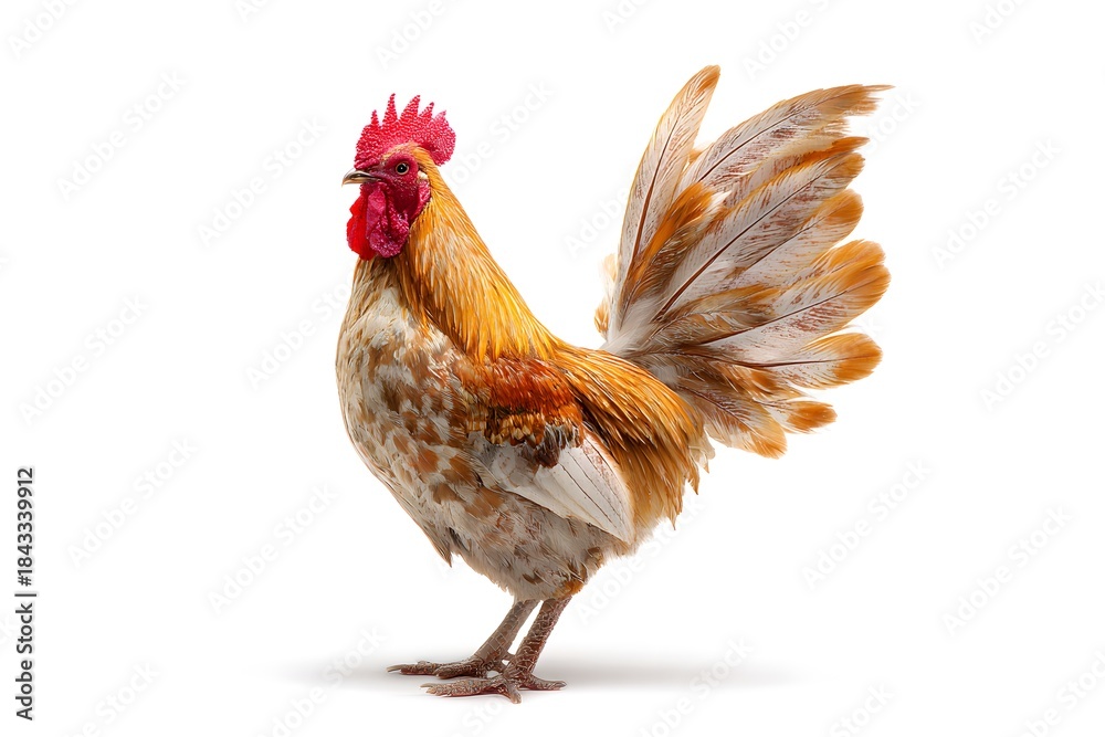 Fototapeta premium A proud rooster stands tall on white background