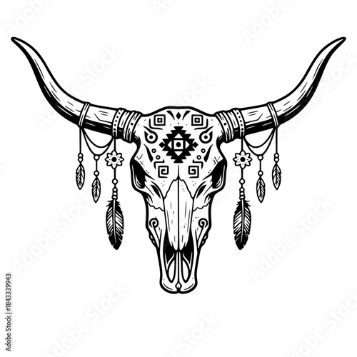 Western Cow Skull Line Art. Black and White Vector Icon for Logo, Boho Decor, Ranch Symbol, Simple Longhorn Bones, or Southwestern/Desert Design. Generative ai