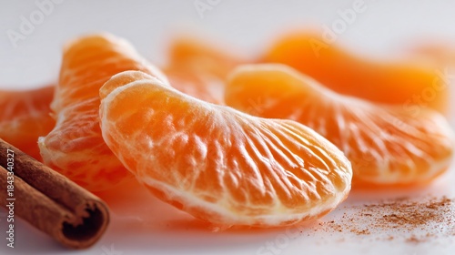 Fototapeta Naklejka Na Ścianę i Meble -  Minimalist arrangement of spiced mandarin segments on crisp white background, thin cinnamon accent lines