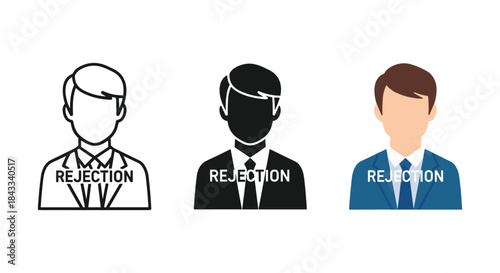 Three businessmen facing rejection in different styles