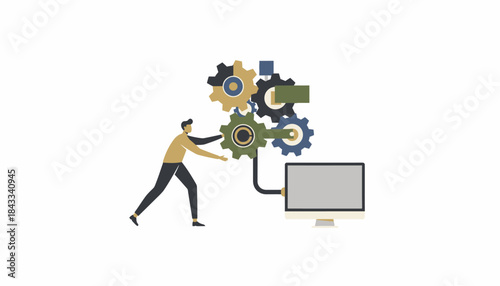 Man Optimizing Digital Business Workflow with Gears and Computer