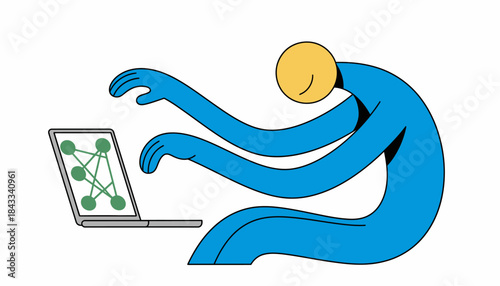 Abstract Character Working on AI Data Network Laptop