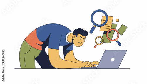 Focused Man Researching Data and Problem Solving Online