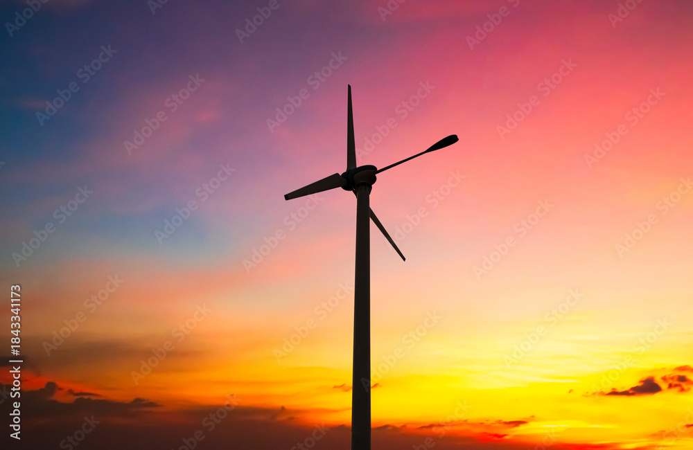 Obraz premium Wind mill power energy farm generator renewable sustainable field on suset, environment eco system technology industry ecology electricity power propeller turbine clean carbon.