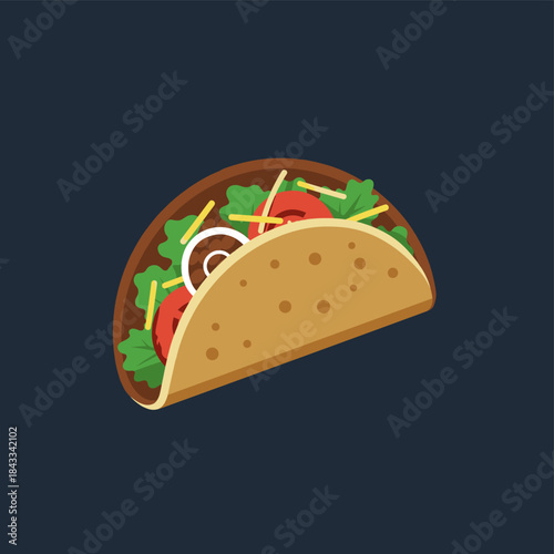 Deliciously crafted flat vector icon showcasing a classic taco filled with savory meat, crisp lettuce, fresh tomatoes, and cheese, ideal for culinary and restaurant themes