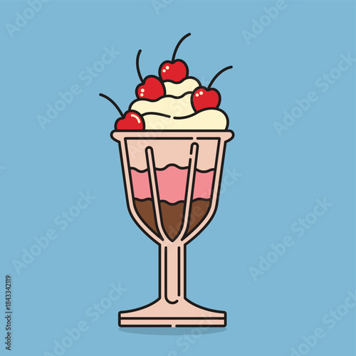 Delightful illustration of a tall glass filled with layers of ice cream, topped with whipped cream and cherries, against a plain blue background
