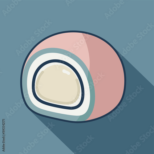 Cute pastel-colored mochi dessert icon on a teal background with a long shadow